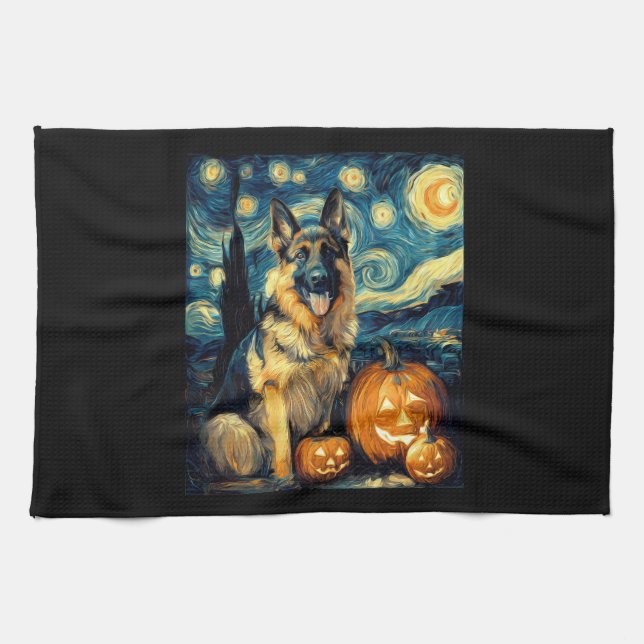 Cute German Shepherd Dog Halloween Jack O Lantern  Tea Towel (Horizontal)