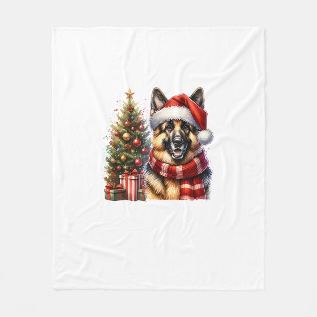 Cute German Shepherd Dog Santa Hat Christmas Tree  Fleece Blanket (Front)