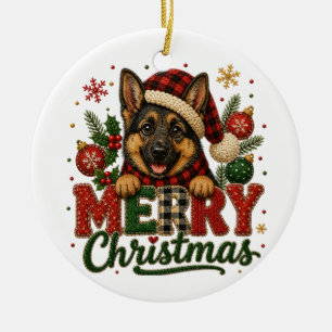 Cute German Shepherd Merry Christmas Ceramic Tree Decoration