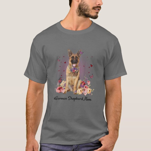 Cute German Shepherd Mum Flower Happy Mother's Day T-Shirt (Front)