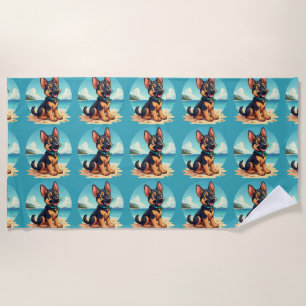 Cute German Shepherd Puppy Beach Illustration Beach Towel