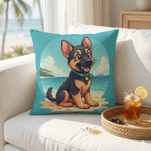 Cute German Shepherd Puppy Beach Illustration Cushion