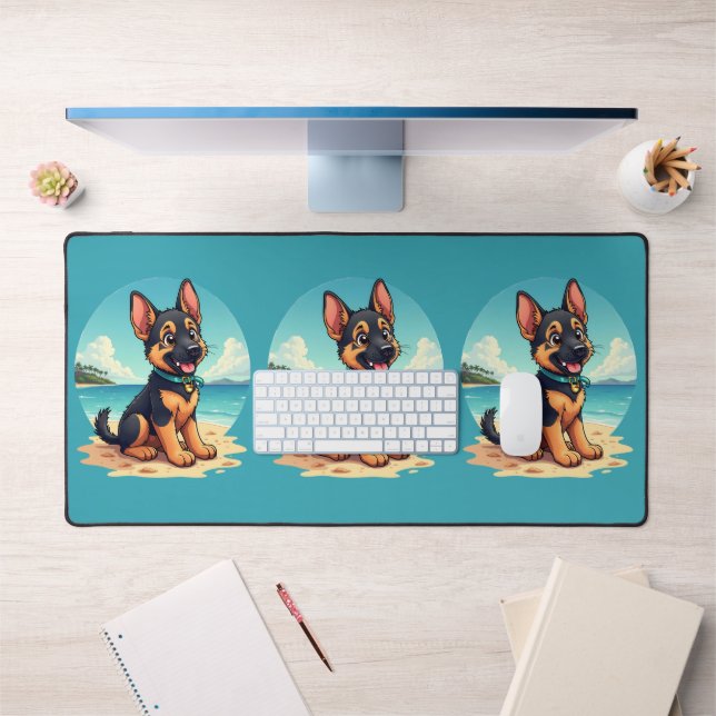 Cute German Shepherd Puppy Beach Illustration Desk Mat (Office 1)