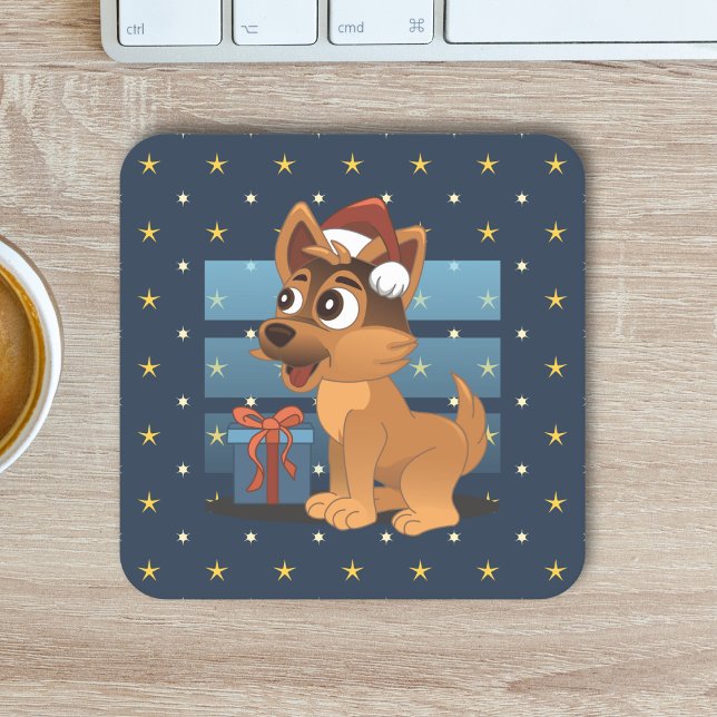 Cute German Shepherd puppy Cartoon Starry night Square Paper Coaster (Creator Uploaded)