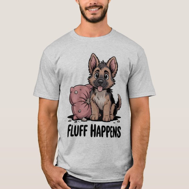 Cute German Shepherd Puppy "Fluff Happens" Dog T-Shirt (Front)
