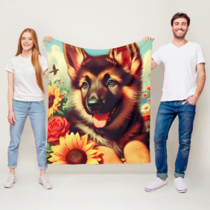 Cute German Shepherd Puppy Painting Fleece Blanket