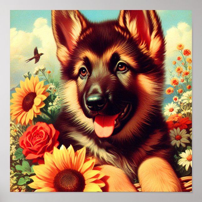 Cute German Shepherd Puppy Painting Poster (Front)