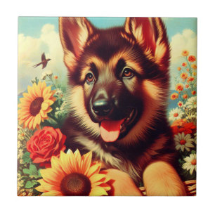 Cute German Shepherd Puppy Painting Tile