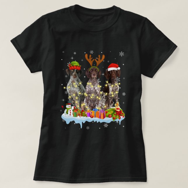 Cute German Shorthaired Santa Hat Christmas Light  T-Shirt (Design Front)