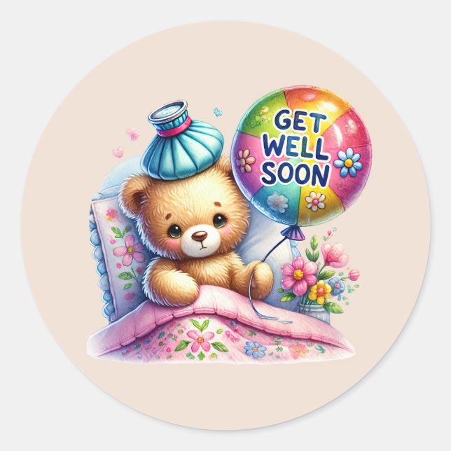 Cute get well soon bear  classic round sticker (Front)
