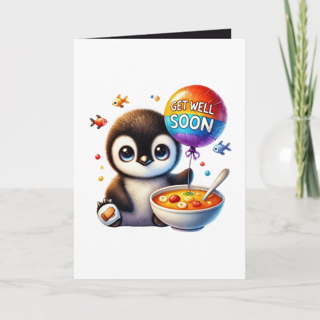 Cute get well soon penguin add message  card (Front)