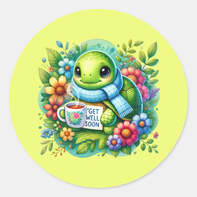 Cute get well soon turtle classic round sticker (Front)