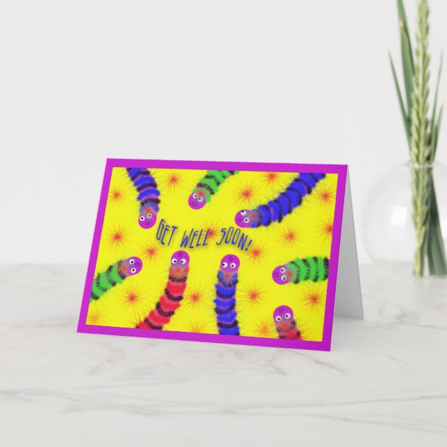 Cute Get Well Soon Worm Fuzzy Card (Front)