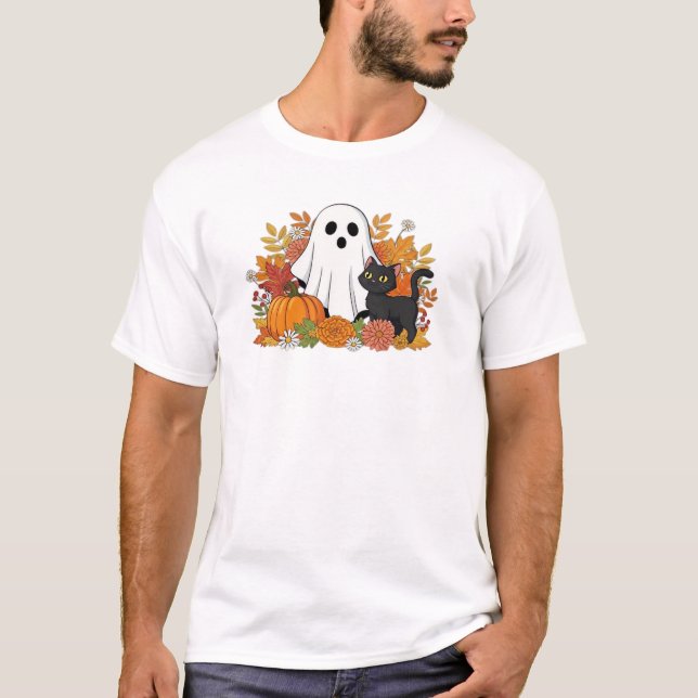 Cute Ghost and Black Cat Classic T-Shirt (Front)