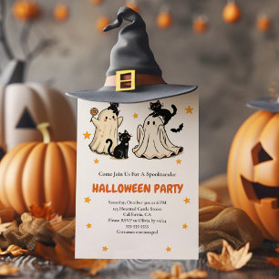 Cute Ghost and Black Cat Halloween Party Invitation