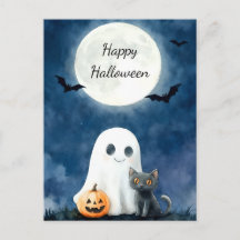 Cute Ghost and Black Cat Halloween