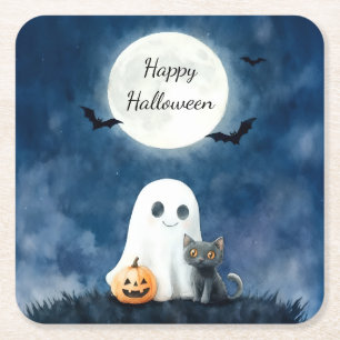 Cute Ghost and Black Cat Halloween Square Paper Coaster
