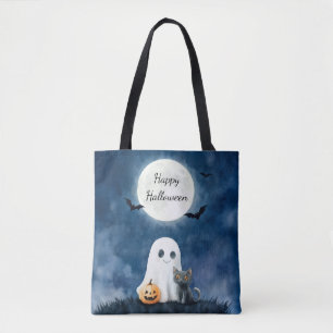 Cute Ghost and Black Cat Halloween Tote Bag