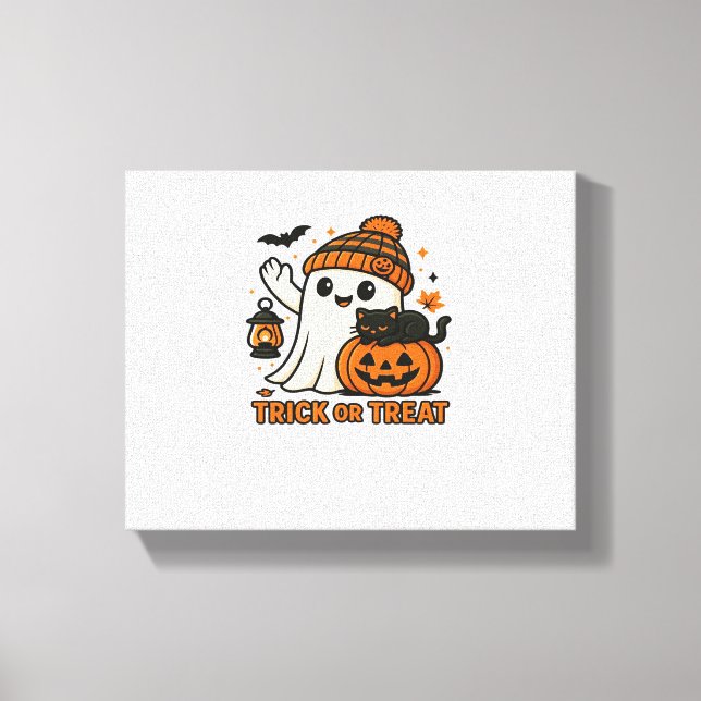 Cute Ghost and Black Cat Trick or Treat Oversized  Canvas Print (Front)