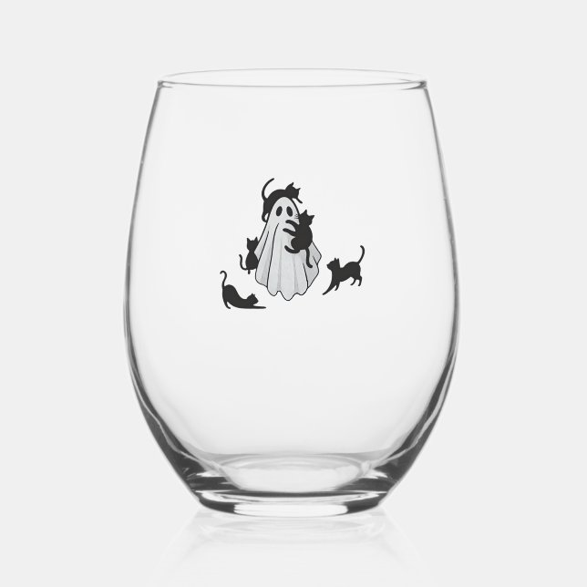 Cute Ghost and Black Cats Classic T-Shirt Stemless Wine Glass (Front)