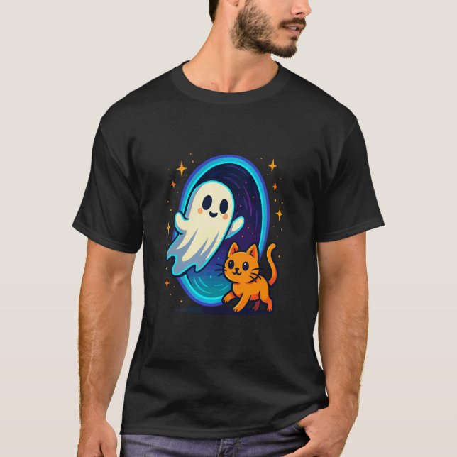 Cute Ghost and Cat at Gate T-Shirt (Front)