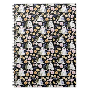 Cute Ghost And Colorful Flowers Seamless Pattern Notebook