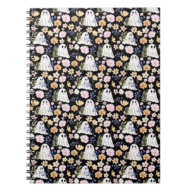 Cute Ghost And Colorful Flowers Seamless Pattern Notebook (Front)