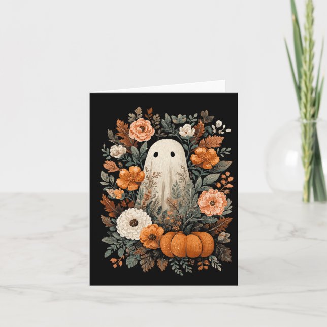 Cute Ghost And Fall Pumpkin Floral Spooky Hallowee Card (Front)
