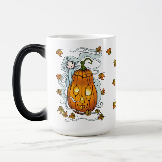 Cute Ghost and Jack-o-Lantern Falling Leaves Magic Mug (Left)