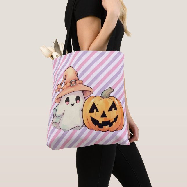 Cute Ghost and Jack-O' Lantern Halloween Tote Bag (Close Up)