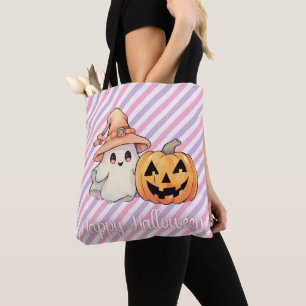 Cute Ghost and Jack-O' Lantern Happy Halloween Tote Bag