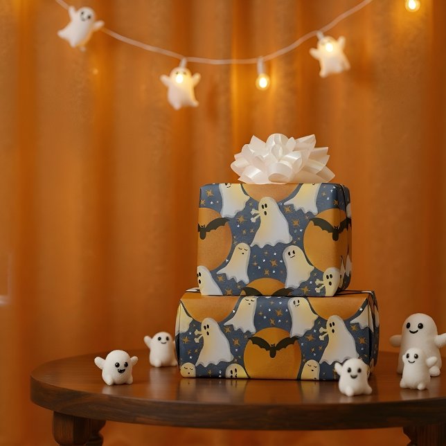 Cute Ghost and Moon in Navy and Orange Wrapping Paper (Cute ghost wrapping for Halloween gifts, boo baskets, and party favors.)