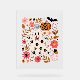 Cute Ghost and Pumpkin Floral Spooky Acrylic Sign