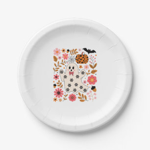 Cute Ghost and Pumpkin Floral Spooky Paper Plate
