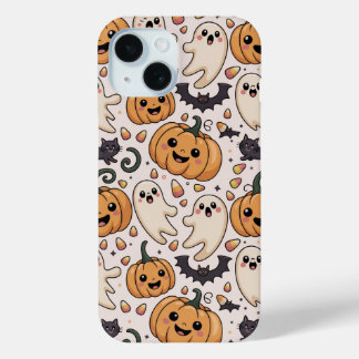 Cute Ghost and Pumpkin Halloween Pattern iPhone 15 Case