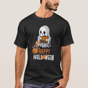 Cute Ghost and Pumpkin "Happy Halloween" T-shirt
