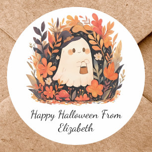 Cute Ghost Autumn Floral Halloween Custom Message Classic Round Sticker