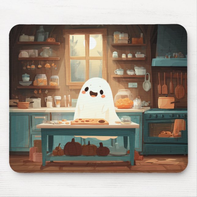 Cute Ghost Baking Cookies – Cosy Spooky Mousepad (Front)