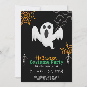 Cute Ghost Bats Orange Spiderwebs Black Halloween Invitation