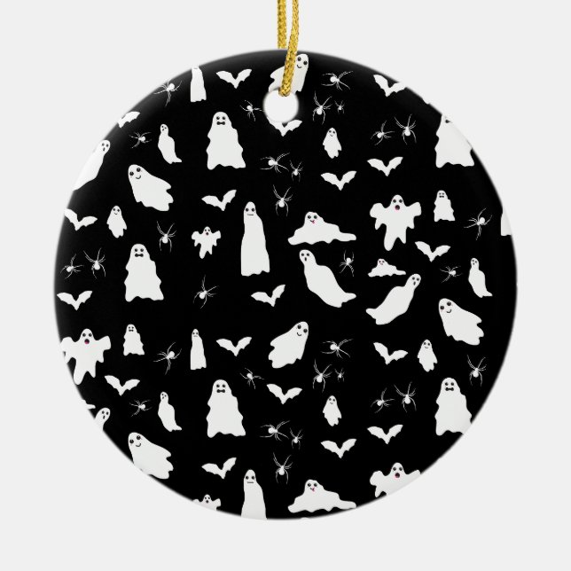 Cute Ghost, Bats & Spiders Halloween Pattern Ceramic Tree Decoration (Front)