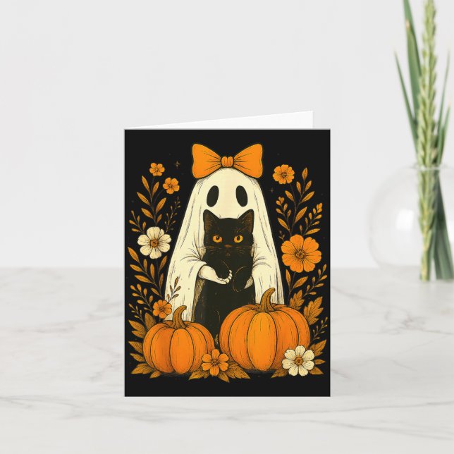 Cute Ghost Black Cat Halloween Pumpkin Groovy Card (Front)