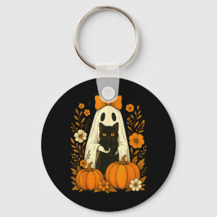 Cute Ghost Black Cat Halloween Pumpkin Groovy Key Ring