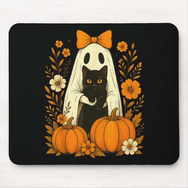 Cute Ghost Black Cat Halloween Pumpkin Groovy Mouse Pad (Front)