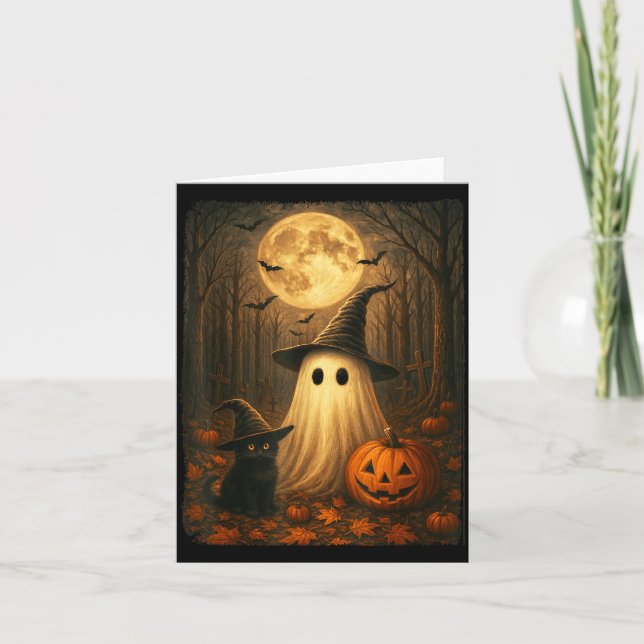 Cute Ghost Black Cat Halloween Witch Pumpkin Dark Card (Front)