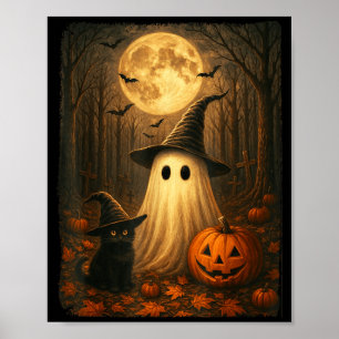 Cute Ghost Black Cat Halloween Witch Pumpkin Dark Poster