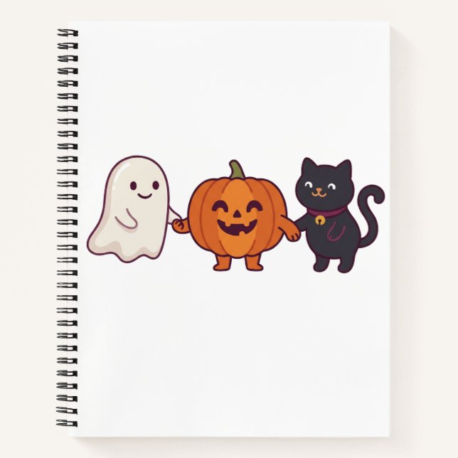 Cute Ghost Black Cat & Jack O Lantern Halloween Notebook (Front)