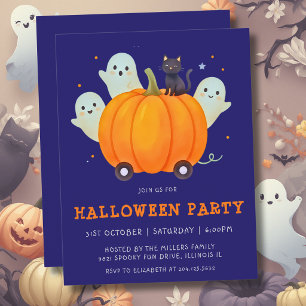 Cute Ghost & Black Cat Kids Halloween Party  Invitation