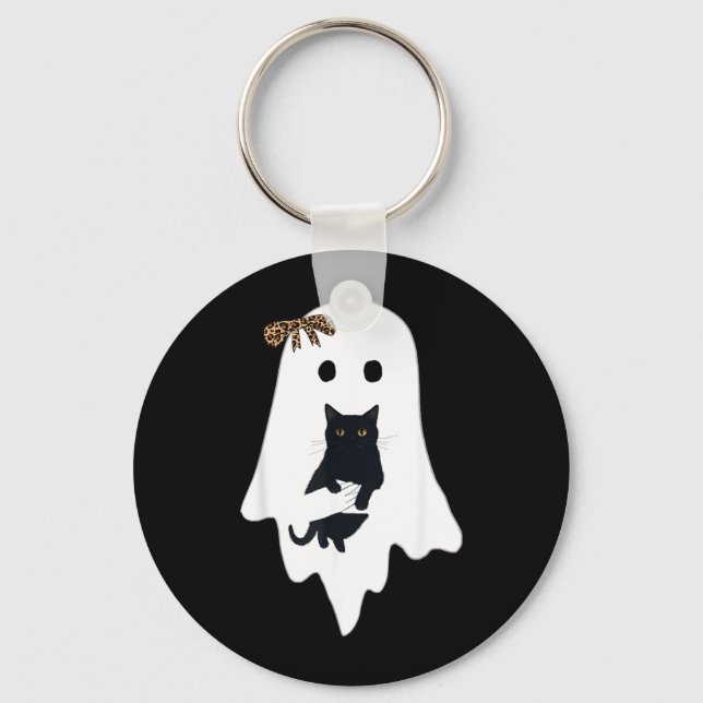 Cute Ghost Black Cat Leopard Bow Funny Spooky Key Ring (Front)