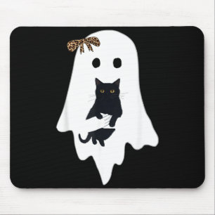 Cute Ghost Black Cat Leopard Bow Funny Spooky Mouse Pad