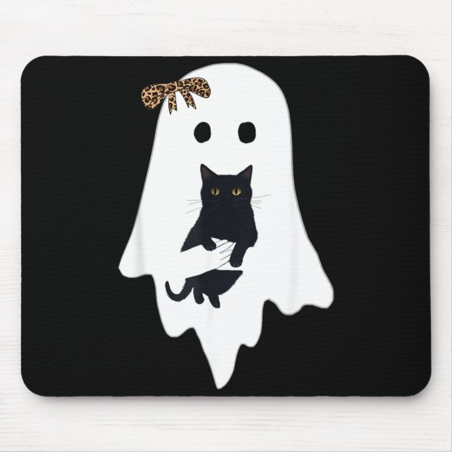 Cute Ghost Black Cat Leopard Bow Funny Spooky Mouse Pad (Front)